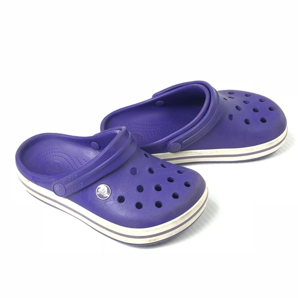 purple and white crocs